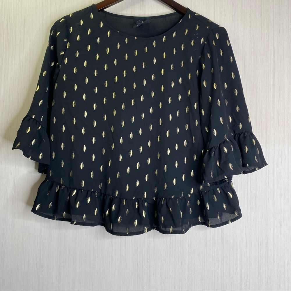 W5 Women’s Elegant Black and Gold Pullover Ruffle Top Size Small